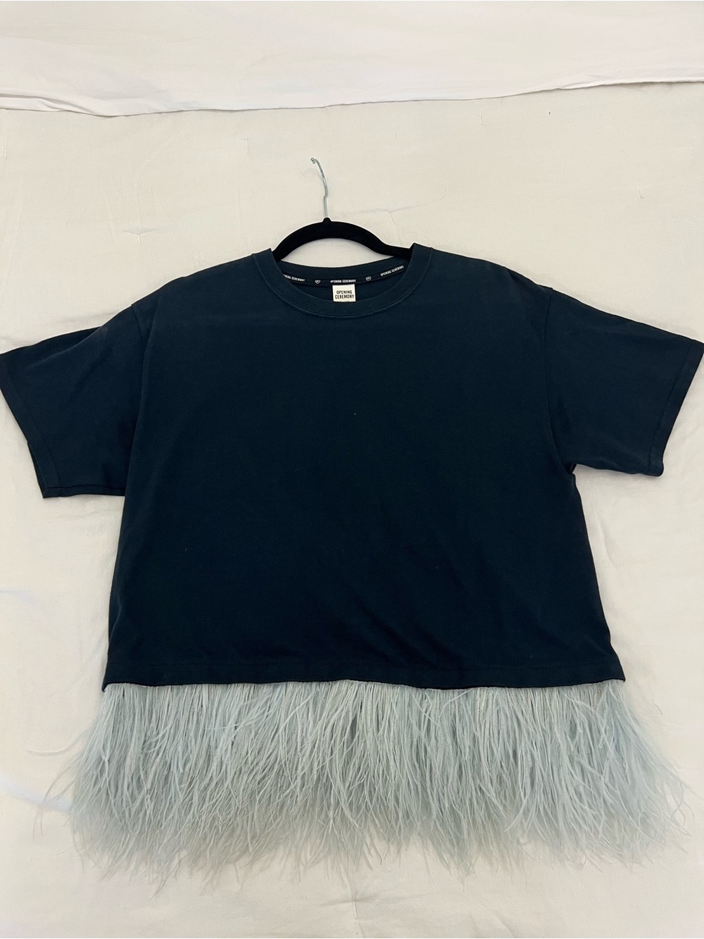 Opening Ceremony Black Tee with blue Feather Hem - Stylish Top